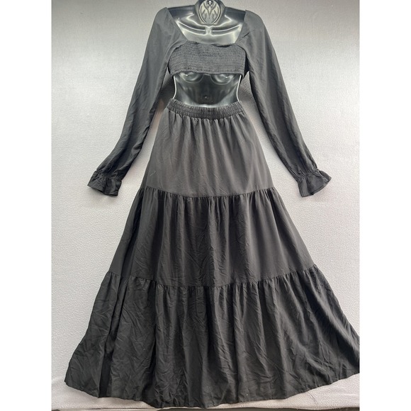 MEROKEETY Dress Womens Small Black Square Neck Long Sleeve Smocked Tiered Maxi - Picture 5 of 14